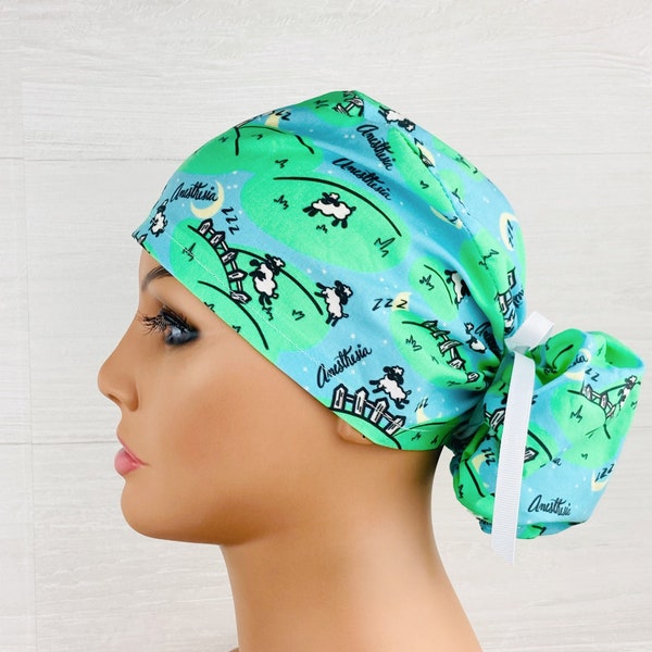 Womens Surgical Scrub Caps - Ponytail - Scrub Hat - Counting Sheep - Anesthesia Scrub Cap - Scrub Hat with Buttons