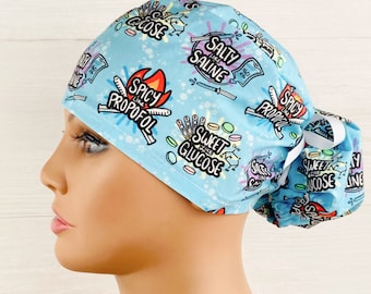 Womens Surgical Scrub Caps - Ponytail - Scrub Hat - Salty Saline - Sweet Glucose - Anesthesia Scrub Cap - Scrub Hat with Buttons