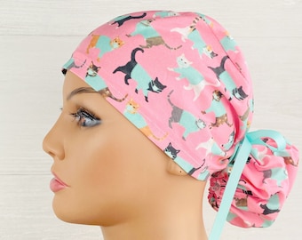 Womens Surgical Scrub Caps - Ponytail - Scrub Hat - Cats in Scrubs - Scrub Hat with Buttons - Scrub Cap with Satin Lining