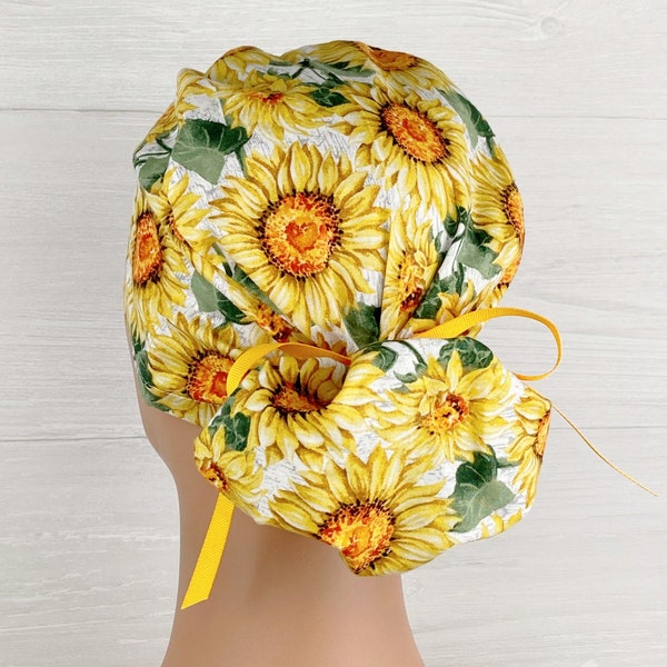 Ponytail Scrub Cap - Scrub Hat - Surgical Cap - Sunflowers - Scrub Cap with Satin Lining