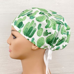 Scrub Hats for Women - Women's Tieback Hat - Scrub Caps - Cactus on White - Scrub Hat with Buttons - Scrub Cap with Satin Lining