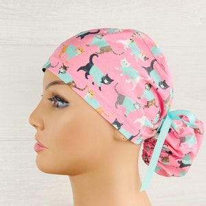 Womens Surgical Scrub Caps - Ponytail - Scrub Hat - Cats in Scrubs - Scrub Hat with Buttons - Scrub Cap with Satin Lining