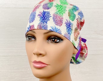 Womens Surgical Scrub Caps - Ponytail Scrub Hat - Scrub Caps - Colorful Pineapples - Scrub Cap with Satin Lining