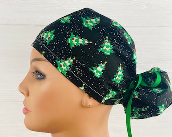 Ponytail Scrub Cap - Scrub Hat - Christmas Trees on Black - Scrub Hat with Buttons