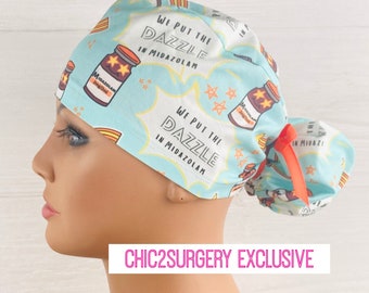 Womens Surgical Scrub Caps - Ponytail - We Put The Dazzle in Midazolam - Scrub Hat with Buttons - Anesthesia Scrub Cap
