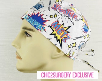 Men's Scrub Hat - Men's Scrub Cap - Men's Tieback Hat - Surg Tech Comic Words - Scrub Hat with Buttons
