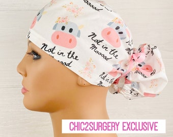 Womens Surgical Scrub Caps - Ponytail - Scrub Hat - Not in the Mooood - Scrub Hat with Buttons