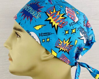 Men's Scrub Hat - Men's Scrub Cap - Men's Tieback Hat - Anesthesia Comic Words - Anesthesia Scrub Hat - Anesthesia Scrub Cap