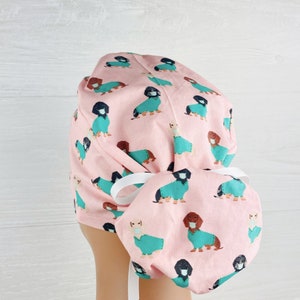 Womens Surgical Scrub Caps - Ponytail - Dachshund Scrub Cap - Scrub Hat with Buttons - Anesthesia Scrub Cap - Scrub Cap with Satin Lining