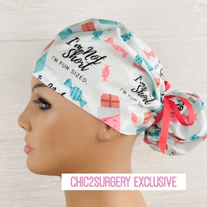 Womens Surgical Scrub Caps - Ponytail - Scrub Hat - I&#39;m Not Short, I&#39;m Fun Sized - Scrub Hat with Buttons - Scrub Cap with Satin Lining