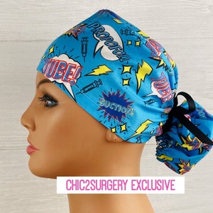 Womens Surgical Scrub Caps - Ponytail - Scrub Hat - Anesthesia Comic Words - Anesthesia Scrub Cap - Scrub Hat with Buttons
