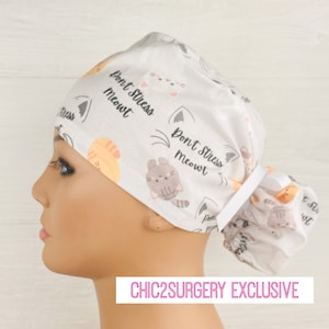 Womens Surgical Scrub Caps - Ponytail - Scrub Hat - Don't Stress Meowt - Scrub Hat with Buttons - Scrub Cap with Satin Lining