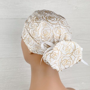 Womens Surgical Scrub Caps - Ponytail - Scrub Hat - Gold Rosette - Scrub Hat with Buttons - Scrub Cap with Satin Lining