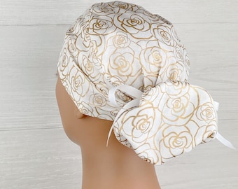 Womens Surgical Scrub Caps - Ponytail - Scrub Hat - Gold Rosette - Scrub Hat with Buttons - Scrub Cap with Satin Lining