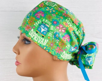 Ponytail Scrub Cap - Scrub Hat - Take a Ride on the Diprivan - Scrub Hat with Buttons - Scrub Cap with Satin Lining