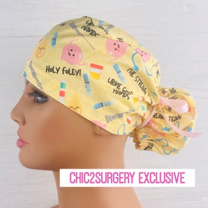 Womens Surgical Scrub Caps - Ponytail - Scrub Hat - The Stream Team - Scrub Hat with Buttons - Scrub Cap Satin Lining - Urology Scrub Hat