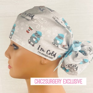 Womens Surgical Scrub Caps - I&#39;m Cold - Scrub Hat with Buttons - Ponytail Scrub Cap - Scrub Cap with Satin Lining