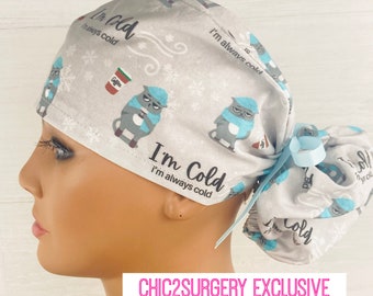 Womens Surgical Scrub Caps - I'm Cold - Scrub Hat with Buttons - Ponytail Scrub Cap - Scrub Cap with Satin Lining