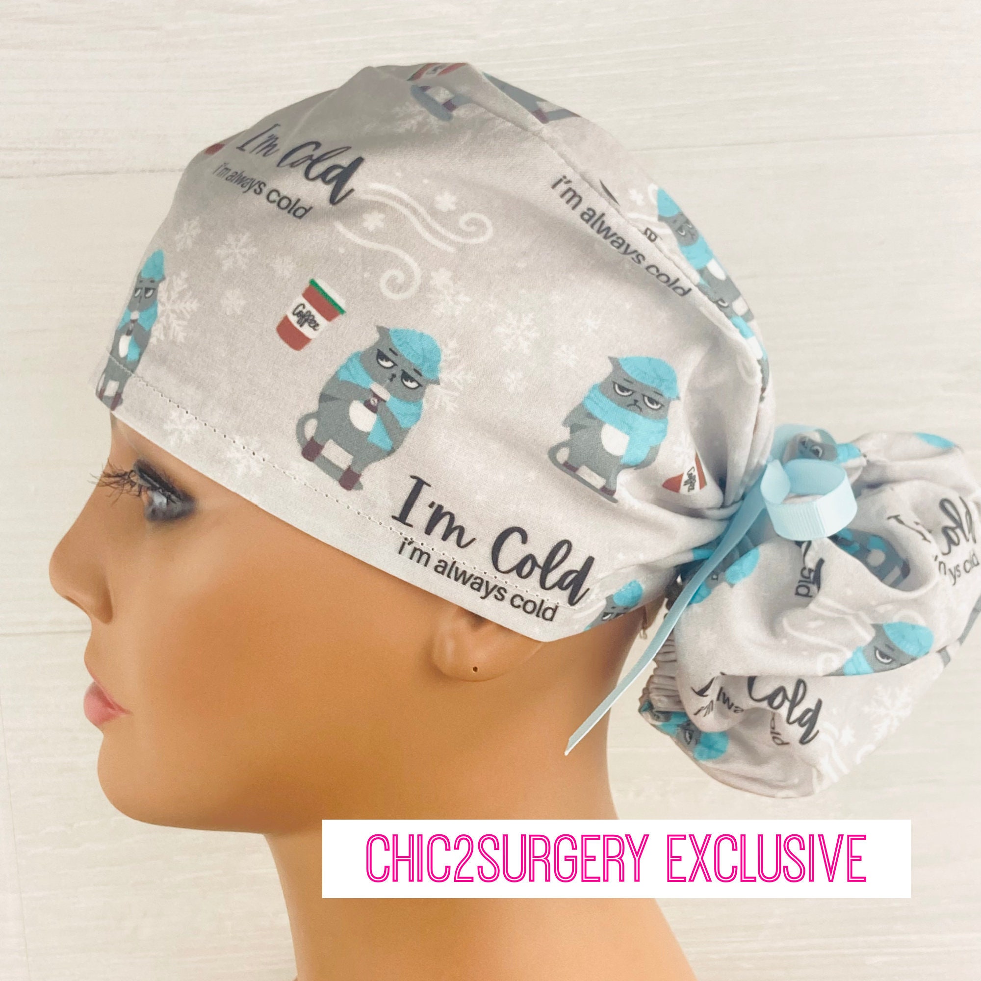 Womens Surgical Scrub Caps - I'm Cold - Scrub Hat with Buttons - Ponytail Scrub Cap - Scrub Cap with Satin Lining