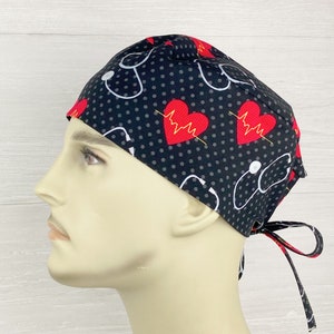 Men's Scrub Hat - Men's Scrub Cap - Men's Tieback Hat - Hearts and Stethoscopes on Black - Scrub Hat with Buttons