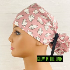 Womens Surgical Scrub Caps - Ponytail - Scrub Hat - Glow in the Ghosts on Pink - Scrub Hat with Buttons - Scrub Cap with Satin Lining