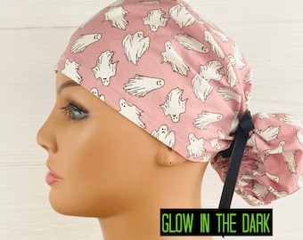 Womens Surgical Scrub Caps - Ponytail - Scrub Hat - Glow in the Ghosts on Pink - Scrub Hat with Buttons - Scrub Cap with Satin Lining