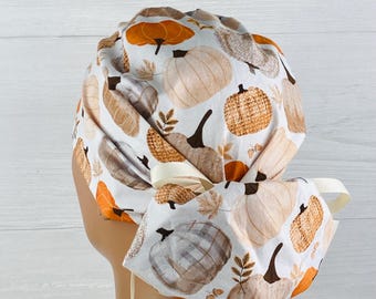 Womens Surgical Scrub Caps - Ponytail - Scrub Hat - Patterns Pumpkins on Cream - Scrub Hat with Buttons - Scrub Cap with Satin Lining