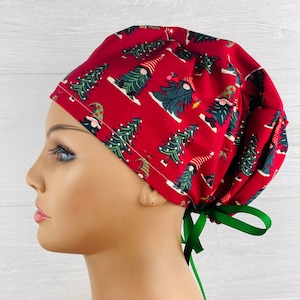 Scrub Hats for Women - Women's Tieback Hat - Scrub Caps - Gnomes Christmas Trees - Scrub Hat with Buttons - Scrub Cap with Satin Lining