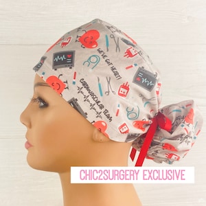 Womens Surgical Scrub Caps - Ponytail - Scrub Hat - Cardiovascular Team - Scrub Hat with Buttons - Scrub Cap Silk Lining