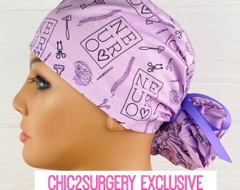 Womens Surgical Scrub Caps - Ponytail - Scrub Hat - Neuro Love Purple - Neuro Scrub Hat with Buttons - Scrub Cap Satin Lining