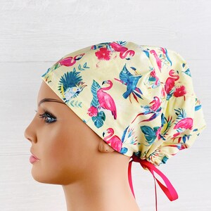 Scrub Hats for Women - Women&#39;s Tieback Hat - Scrub Caps - Parrots and Flamingos - Scrub Hat with Buttons