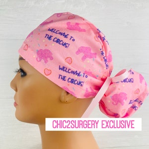Ponytail Scrub Cap - Scrub Hat - Welcome to the Circus - Scrub Hat with Buttons - Scrub Cap with Satin Lining