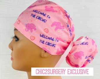 Gorro quirúrgico con coleta - Gorro quirúrgico - Bienvenido al circo - Gorro quirúrgico con botones - Gorro quirúrgico con forro de satén
