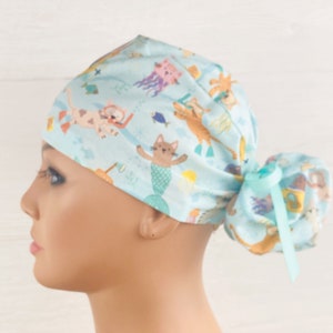 Womens Surgical Scrub Caps - Ponytail - Scrub Hat - Aqua Kitties - Scrub Hat with Buttons - Scrub Cap with Satin Lining