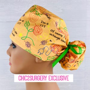 Ponytail Scrub Cap - Of Course I Can Untangle Cords - Scrub Hat with Buttons - Scrub Cap with Satin Lining - CST Scrub Cap - CST Scrub Hat