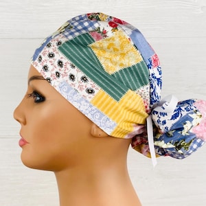 Handmade Surgical Scrub Cap - Scrub Hat - Ponytail - Boho Patch Floral - Scrub Hat with Buttons - Scrub Cap with Satin Lining