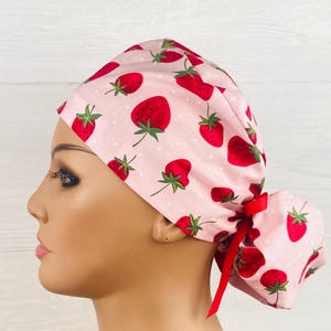 Handmade Surgical Scrub Cap - Scrub Hat - Ponytail - Strawberry Dot - Scrub Hat with Buttons - Scrub Cap with Satin Lining