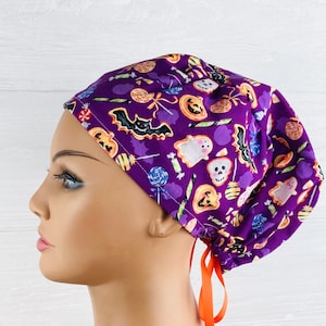 Scrub Hats for Women - Women&#39;s Tieback Hat - Scrub Caps - Halloween Treats - Scrub Hat with Buttons - Scrub Cap with Satin Lining