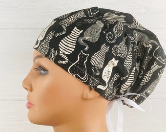 Scrub Hats for Women - Women's Tieback Hat - Scrub Caps - Cat Doodles - Scrub Hat with Buttons
