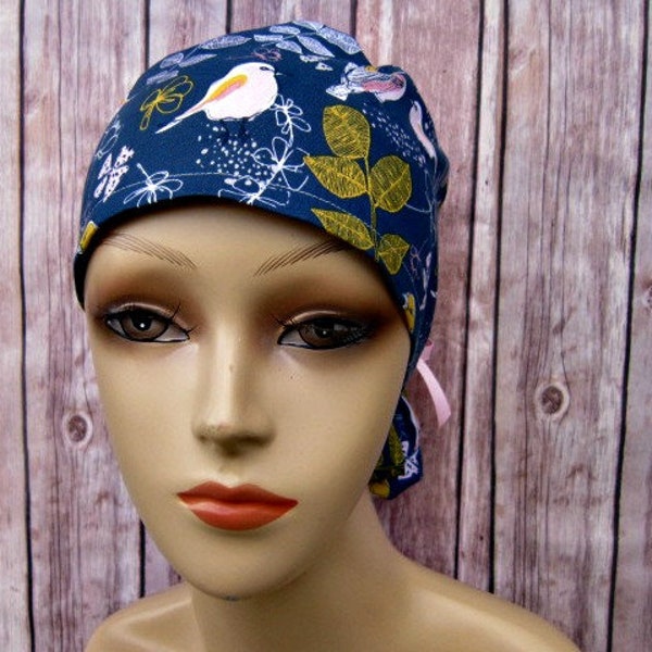 Handmade Surgical Scrub Cap - Scrub Hat - Ponytail - Birds on Navy