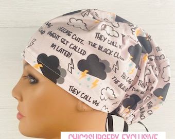 Scrub Hats for Women - Women's Tieback Hat - Scrub Caps - Black Cloud - Scrub Cap with Satin Lining