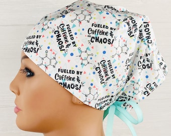 Scrub Hats for Women - Women's Tieback Hat - Scrub Caps - Fueled By Caffeine and Chaos  - Scrub Hat with Buttons