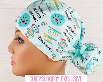 Ponytail Scrub Cap - Scrub Hat - Team Robotics- Scrub Hat with Buttons - Scrub Cap with Satin Lining