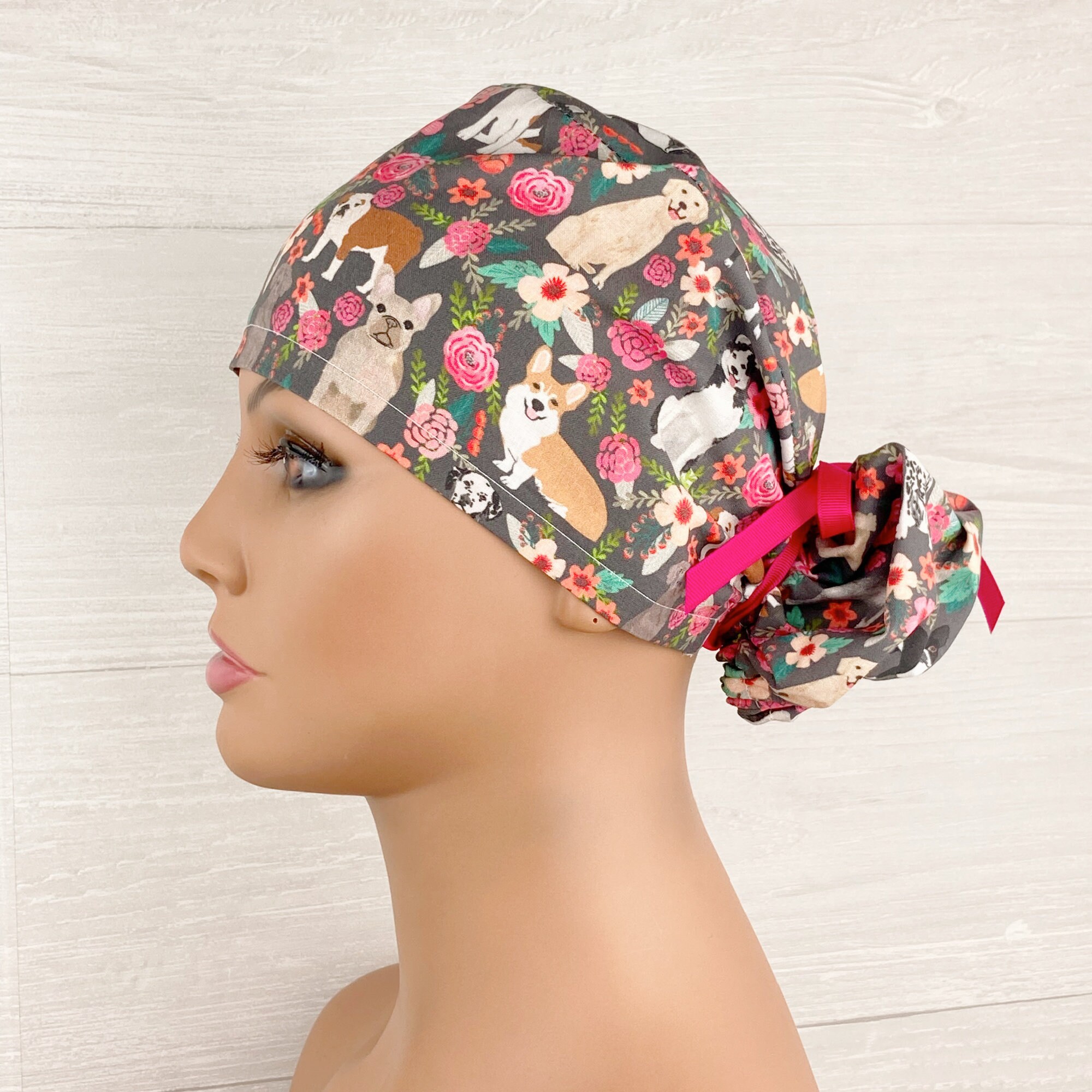 Ponytail Scrub Cap - Scrub Hat - Garden Dogs