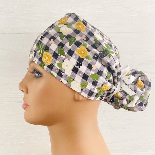 Womens Surgical Scrub Caps - Ponytail - Scrub Hat - Plaid Floral - Scrub Hat with Buttons