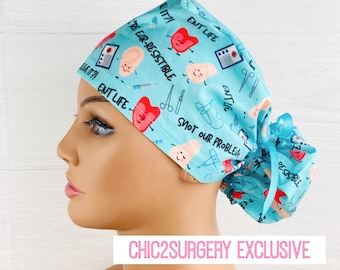 Womens Surgical Scrub Caps - Ponytail - Scrub Hat - ENT Life - Scrub Hat with Buttons - Scrub Cap with Satin Lining