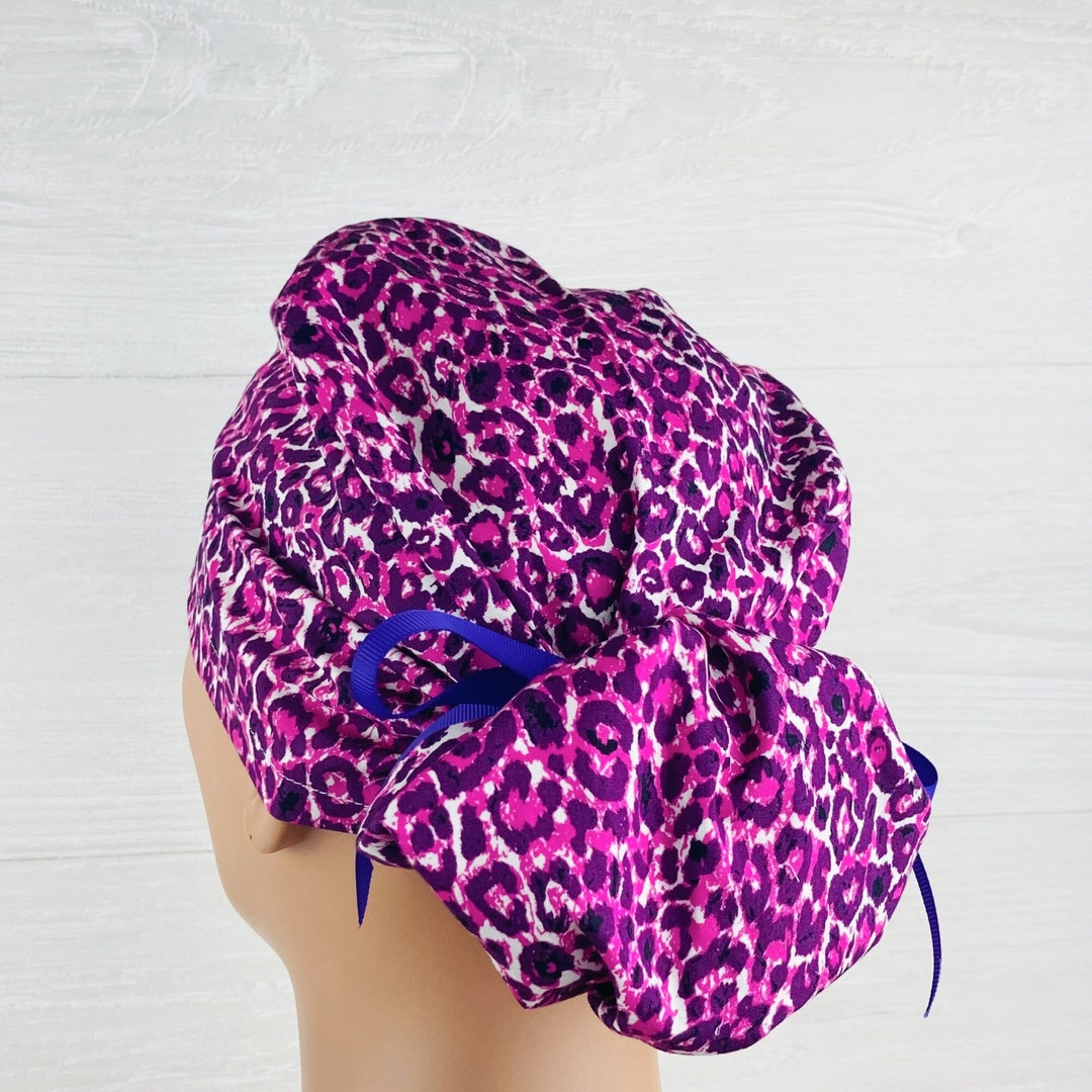 Womens Surgical Scrub Caps Ponytail Scrub Hat Purple Leopard Scrub Cap