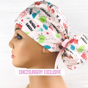 Womens Surgical Scrub Caps - Ponytail - Scrub Hat - General Surgery Icons- Scrub Hat with Buttons - Scrub Cap Satin Lining