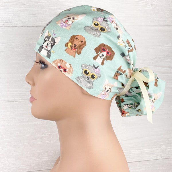 Handmade Surgical Scrub Cap - Scrub Hat - Ponytail - Pretty Pups on Aqua - Scrub Hat with Buttons - Scrub Cap with Satin Lining