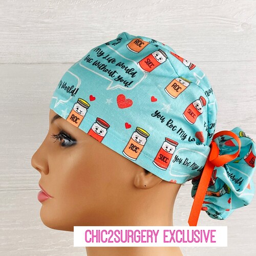Womens Surgical Scrub Caps - Ponytail - Scrub Hat - You Roc My World - Anesthesia Scrub Cap - Scrub Hat with Buttons